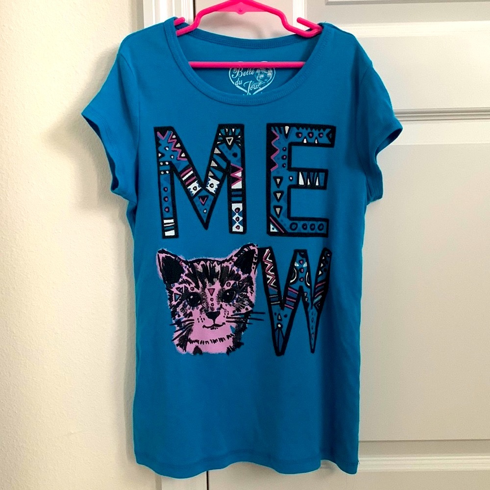Belle du Jour “Meow” Blue and Purple Aztec Print Tee